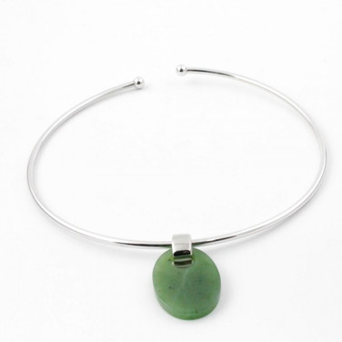 Rigid Choker Necklace w/ Oval Genuine Natural Nephrite Jade Pendant