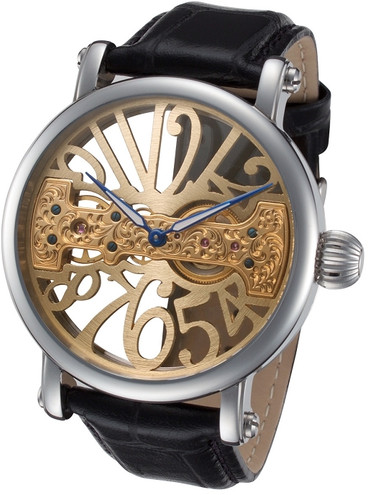 Rougois Gold Tone Face Skeleton Watch with Bridge Mechanical Movement
