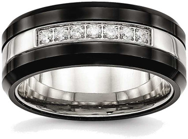 Image of Stainless Steel Polished Black Ceramic CZ Beveled Edge Ring