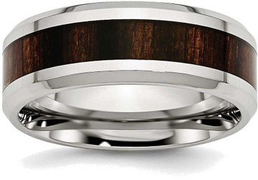 Image of Stainless Steel Polished Black Wood Inlay Enameled 8.00mm Ring
