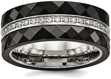 Image of Stainless Steel Polished Faceted Black Ceramic CZ Ring