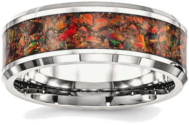 Image of Stainless Steel Polished with Red Simulated Opal 8mm Mens Ring