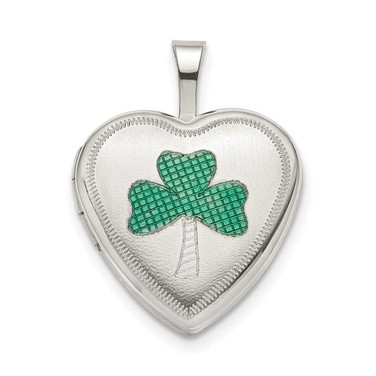 Image of Sterling Silver 16mm Green Enamel Clover Heart Locket Pendant