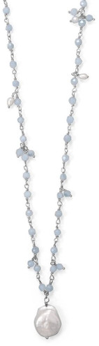 Sterling Silver 18"+2" Three Strand Aquamarine and Cultured Freshwater Pearl Necklace