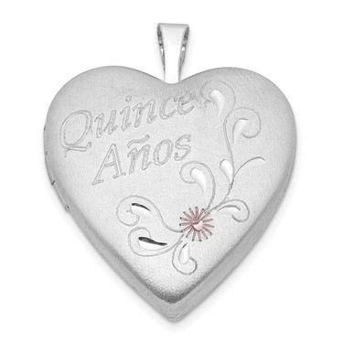 Image of Sterling Silver 20mm Enameled Shiny-Cut Quince Anos Heart Locket Pendant