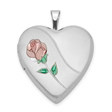 Image of Sterling Silver 20mm Satin, Enameled, Shiny-Cut Floral Heart Locket Pendant