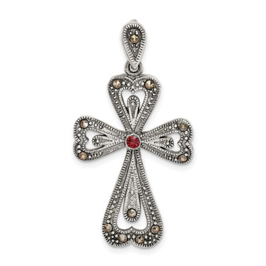 Sterling Silver Antiqued Marcasite & Garnet Cross Pendant