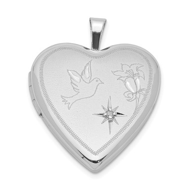 Sterling Silver Diamond Shiny-Cut Dove & Flower Heart Locket Pendant