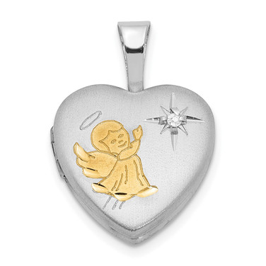 Sterling Silver Gold-plated & Diamond Angel 12mm Heart Locket Pendant