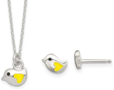 Image of Sterling Silver Kids Yellow Enameled Bird Necklace and Post Earrings Set