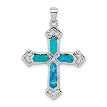 Sterling Silver Lab-Created Opal Cross CZ Pendant