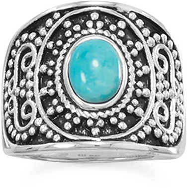 Image of Sterling Silver Oxidized Beaded Design Simulated Turquoise Ring