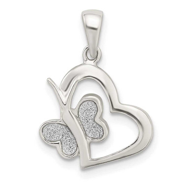 Image of Sterling Silver Polished Glitter Enamel Heart w/ Butterfly Pendant