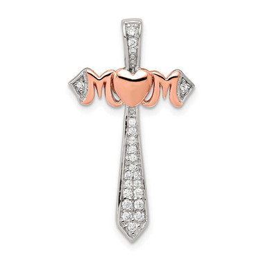 Image of Sterling Silver Polished Rose Gold-Plated Mom CZ Cross Pendant