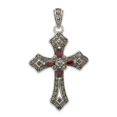 Image of Sterling Silver Red CZ & Marcasite Cross Pendant