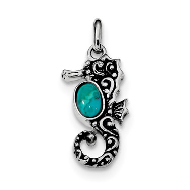 Sterling Silver Rhodium/Oxidized Simulated Turquoise Seahorse Pendant