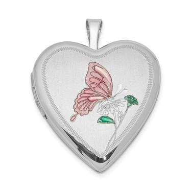 Image of Sterling Silver Rhodium-plated 20mm Enameled Butterfly Heart Locket Pendant