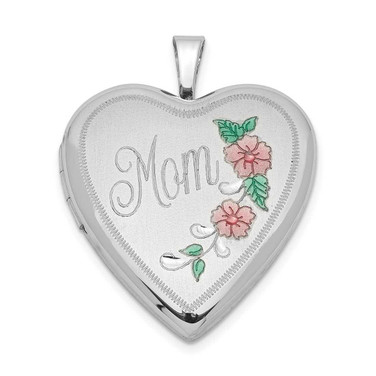 Image of Sterling Silver Rhodium-plated 20mm Enameled Floral Mom Heart Locket Pendant