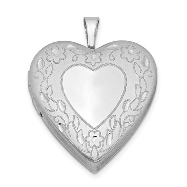 Image of Sterling Silver Rhodium-plated 20mm Floral Border Heart Locket Pendant 320