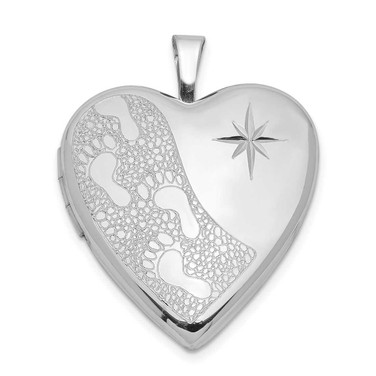 Image of Sterling Silver Rhodium-plated 20mm Shiny-Cut Footprints Heart Locket Pendant