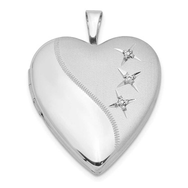 Image of Sterling Silver Rhodium-plated 20mm Shiny-Cut Heart Locket w/ Three Diamonds Pendant