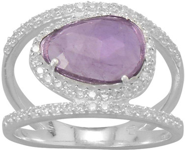 Sterling Silver Rhodium-plated Amethyst and CZ Split Band Ring