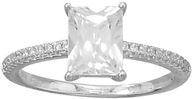 Sterling Silver Rhodium-plated Baguette Cut CZ Ring with CZ Band