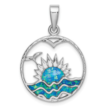 Sterling Silver Rhodium-Plated Blue Inlay Lab-Created Opal Sunrise Pendant