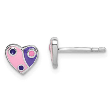 Image of Sterling Silver Rhodium-Plated Childs Enameled Pink/Purple Heart Earrings