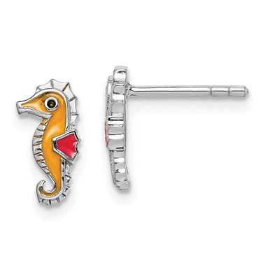 Image of Sterling Silver Rhodium-Plated Childs Enameled Seahorse Post Earrings