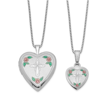 Image of Sterling Silver Rhodium-plated Cross & Flowers Enamel Heart Locket & Pendant Set
