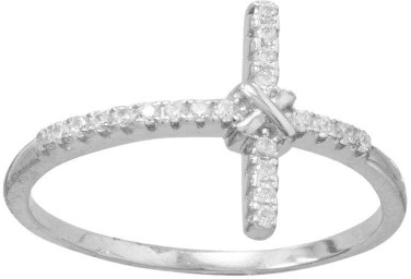 Image of Sterling Silver Rhodium-plated CZ Sideways Cross Ring