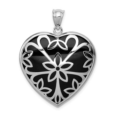 Image of Sterling Silver Rhodium-Plated Onyx Heart Pendant