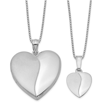 Sterling Silver Rhodium-plated Polished and Satin Heart Locket & Pendant Set