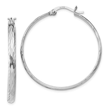 Image of 37mm Sterling Silver Rhodium-Plated Polished Textured Large Round Hoop Earrings
