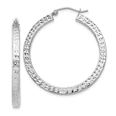 Image of 34mm Sterling Silver Rhodium-Plated Shiny-Cut 3X35mm Square Tube Hoop Earrings
