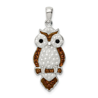 Sterling Silver Simulated Pearl & Preciosa Crystal Owl Pendant