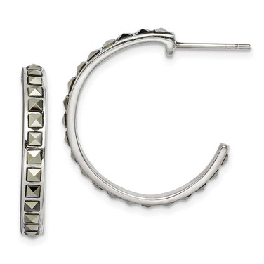 Image of 24.65mm Sterling Silver Square Marcasite 25X3.5 Hoop Post Earrings