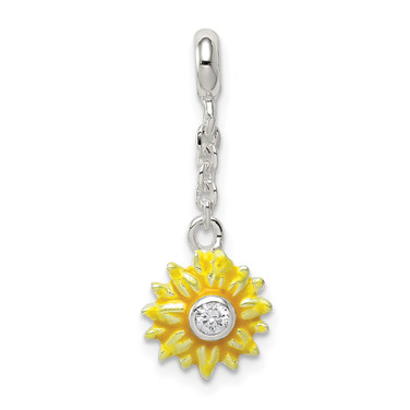 Sterling Silver Yellow Enameled Flower w/ CZ 1/2In Dangle Enhancer Bead