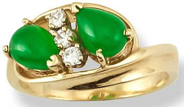 Image of Sz 6.5 Pear-Shape Natural Green Jadeite Jade .12ctw Diamond 14K Yellow Gold Ring