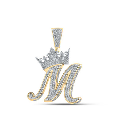 Image of 10kt Two-tone Gold Mens Round Diamond Crown M Letter Charm Pendant 1-3/4 Cttw