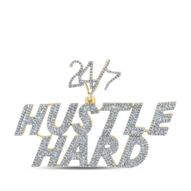 Image of 10kt Yellow Gold Mens Baguette Diamond Hustle Hard 24 7 Phrase Charm Pendant 2-5/8 Cttw