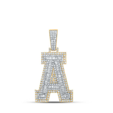 Image of 14kt Two-tone Gold Mens Baguette Diamond A Initial Letter Charm Pendant 1-7/8 Cttw
