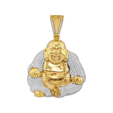 Image of 10kt Yellow Gold Mens Round Diamond Laughing Buddha Hotei Charm Pendant 1-3/4 Cttw