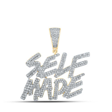 Image of 14kt Yellow Gold Mens Round Diamond SELF MADE Phrase Charm Pendant 1-3/8 Cttw