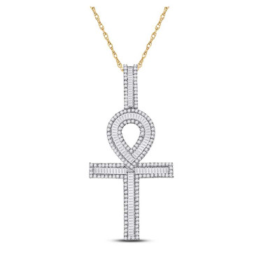 Image of 10kt Yellow Gold Mens Baguette Diamond Ankh Cross Charm Pendant 1-5/8 Cttw