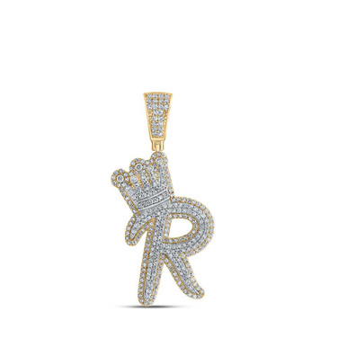 Image of 10kt Yellow Gold Mens Round Diamond R Crown Letter Charm Pendant 1-1/4 Cttw