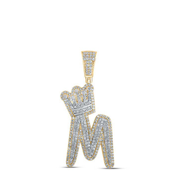 Image of 10kt Yellow Gold Mens Round Diamond M Crown Letter Charm Pendant 1-1/5 Cttw