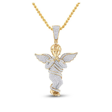 Image of 10kt Yellow Gold Mens Round Diamond Praying Angel Wings Charm Pendant 7/8 Cttw