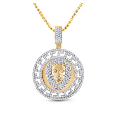 Image of 10kt Yellow Gold Mens Round Diamond Lion Head Medallion Charm Pendant 7/8 Cttw